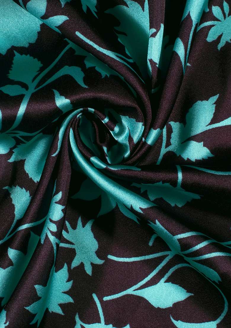 Aqua Green Floral Print Satin Pre Draped Saree Set - Indya