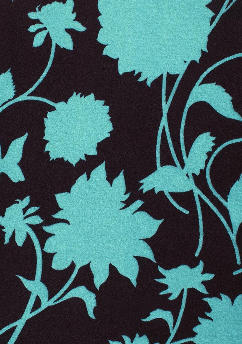 Aqua Green Floral Print Satin Pre Draped Saree Set - Indya