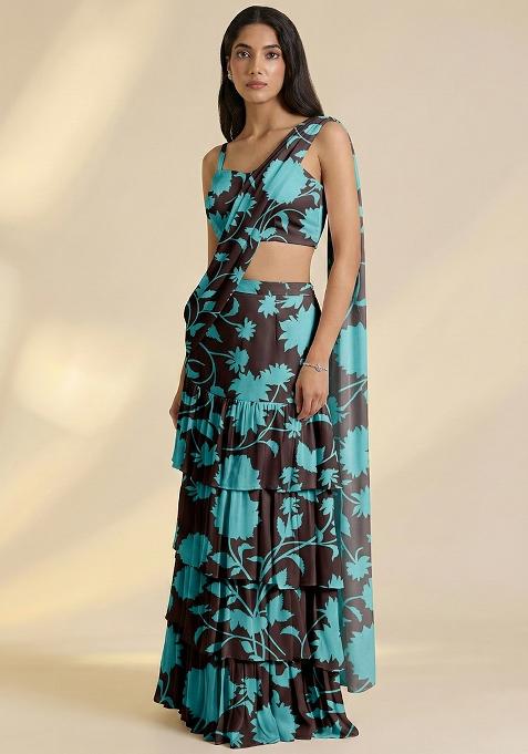 Aqua Green Floral Print Satin Pre Draped Saree Set