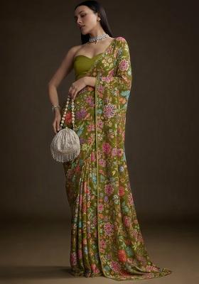 Olive Green Floral Print Chinon Pre Draped Saree Set