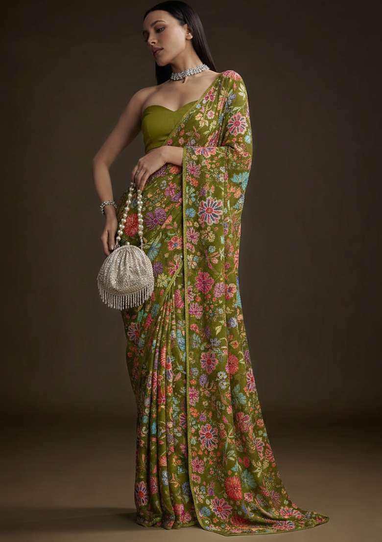 Olive Green Floral Print Chinon Pre Draped Saree Set - Indya