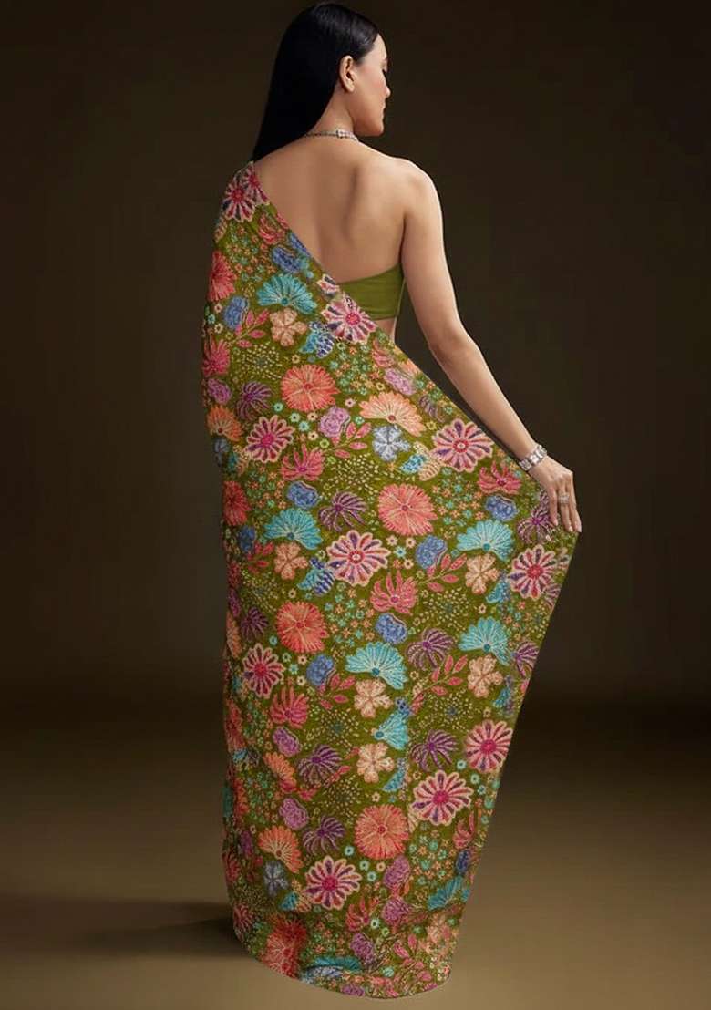 Olive Green Floral Print Chinon Pre Draped Saree Set - Indya