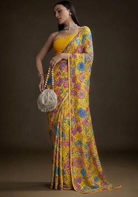 Yellow Floral Print Chinon Pre Draped Saree Set