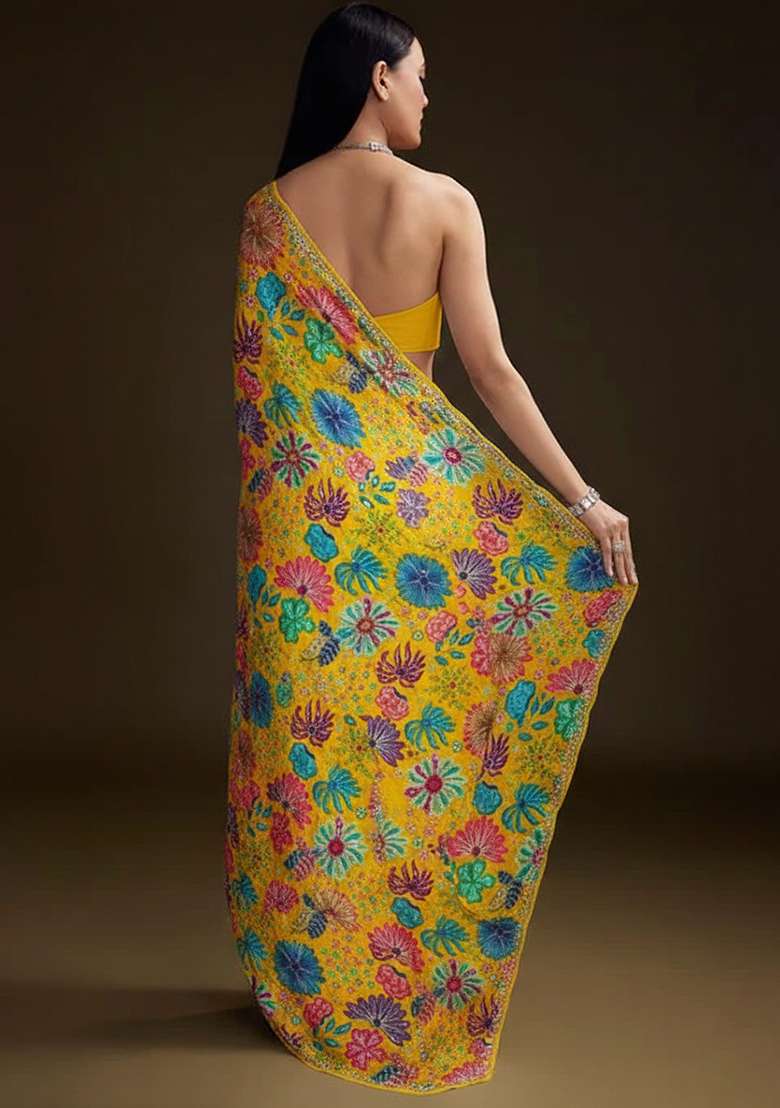 Yellow Floral Print Chinon Pre Draped Saree Set for Diwali and Festive Wear - Indya