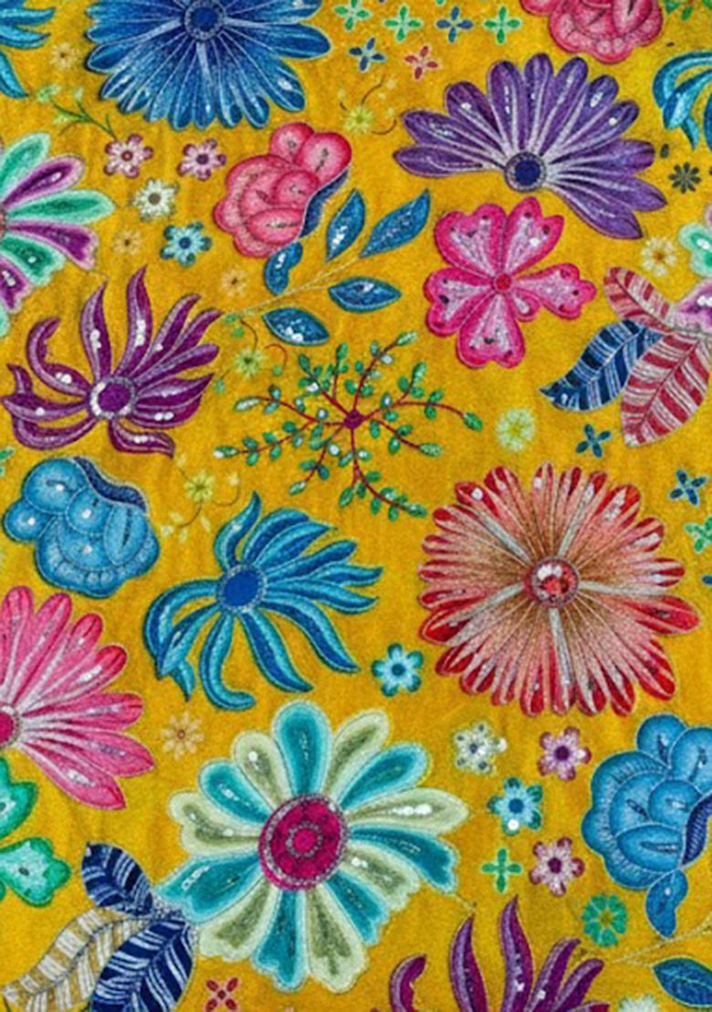 Yellow Floral Print Chinon Pre Draped Saree Set - Indya