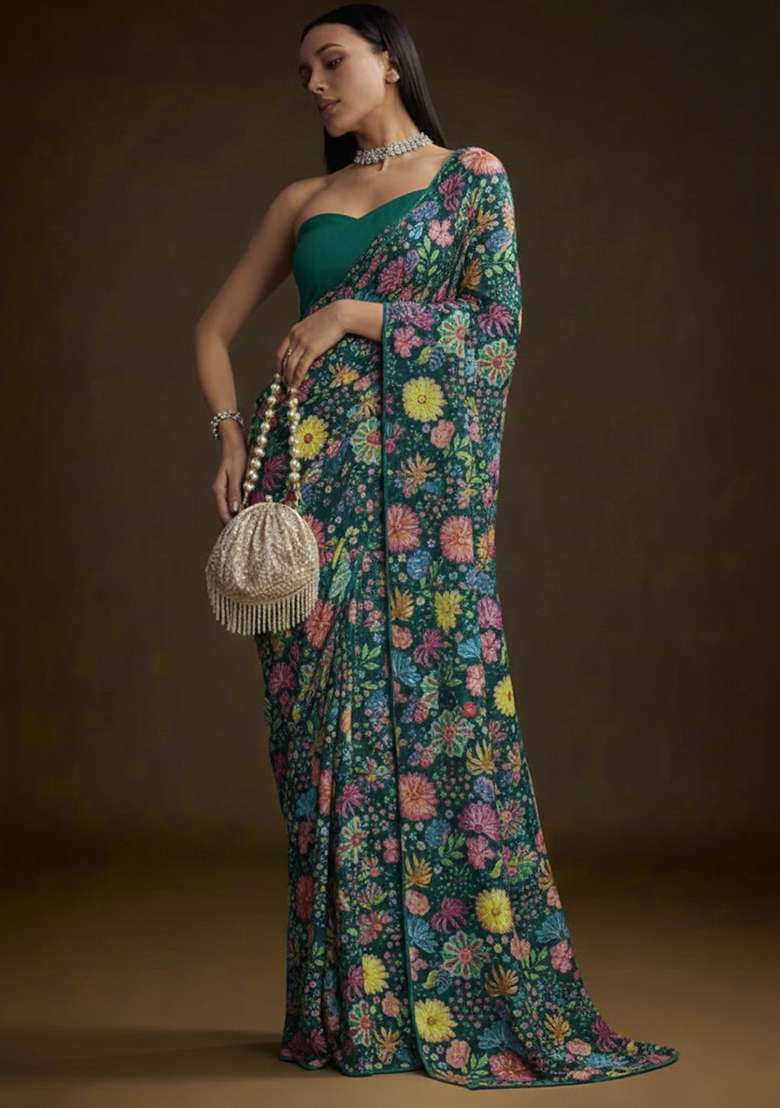 Emerald Green Chinon Pre Draped Saree Set with Floral Print for Diwali | Wedding & Festive Wear - Indya