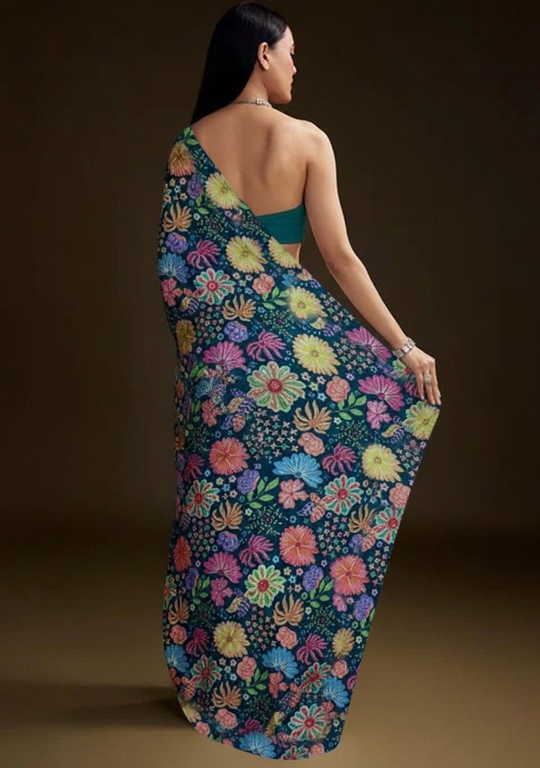 Emerald Green Floral Print Chinon Pre Draped Saree Set - Indya