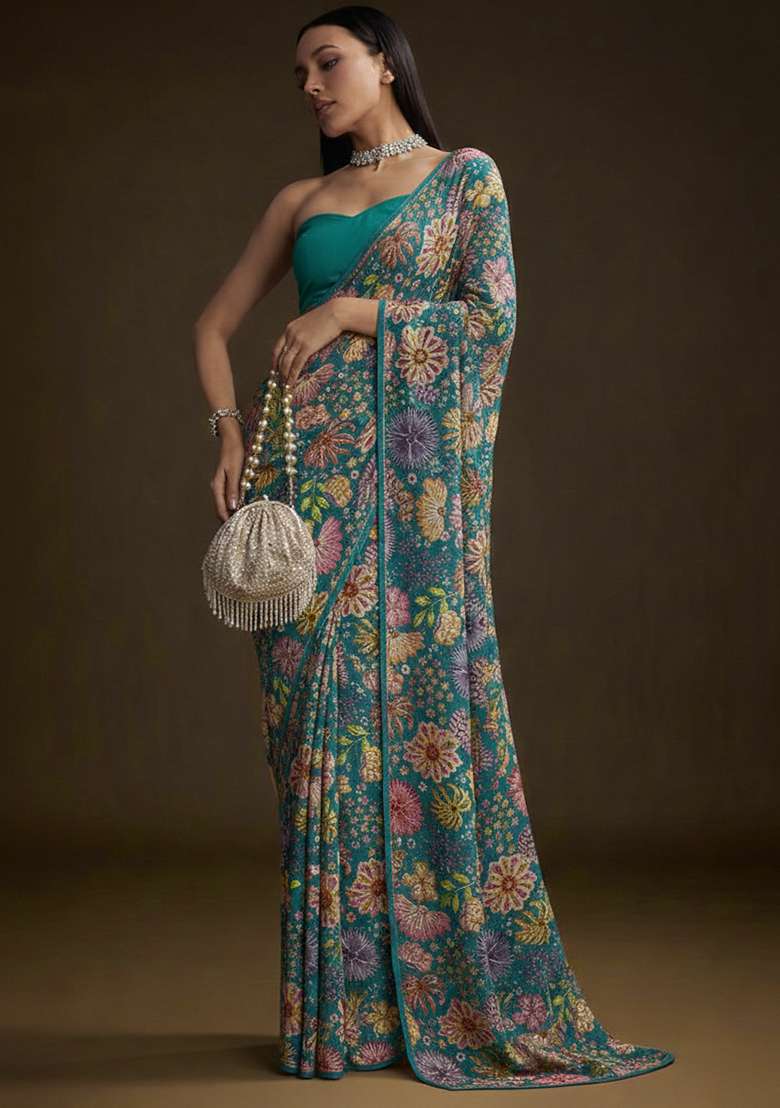 Teal Blue Chinon Pre Draped Saree Set with Floral Print for Diwali | Wedding & Festive Wear - Indya
