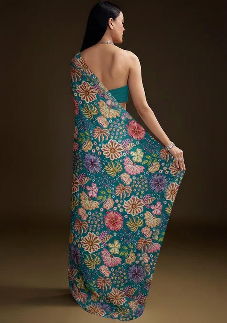 Teal Blue Floral Print Chinon Pre Draped Saree Set - Indya