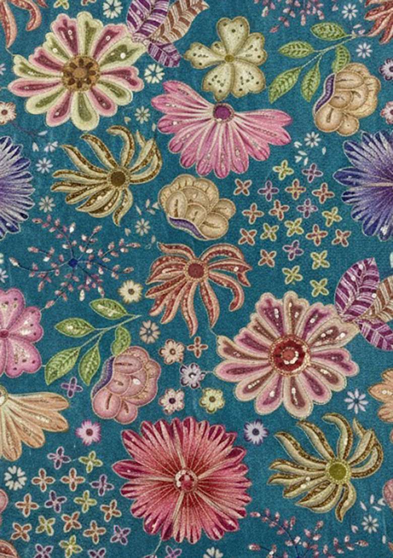 Teal Blue Chinon Pre Draped Saree Set with Floral Print for Diwali | Wedding & Festive Wear - Indya