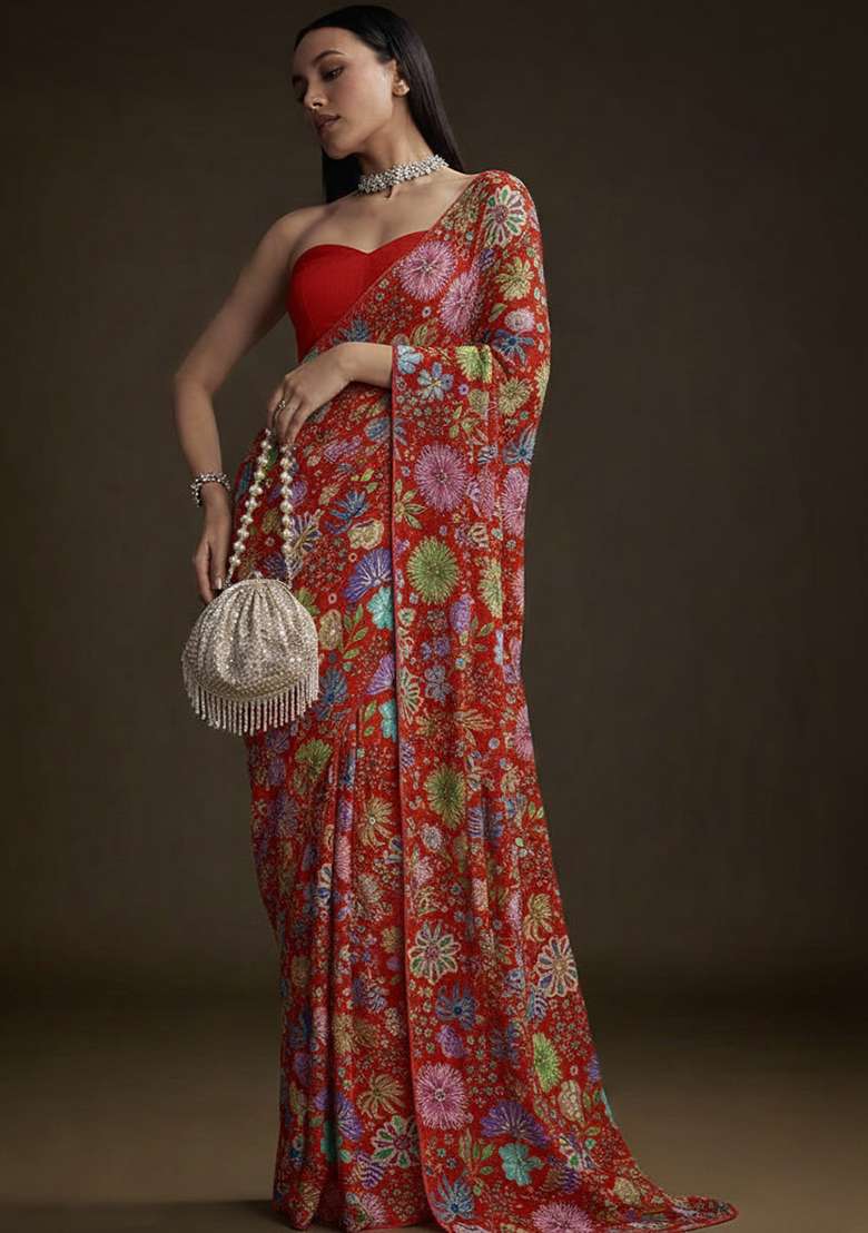 Red Floral Print Chinon Pre Draped Saree Set - Indya
