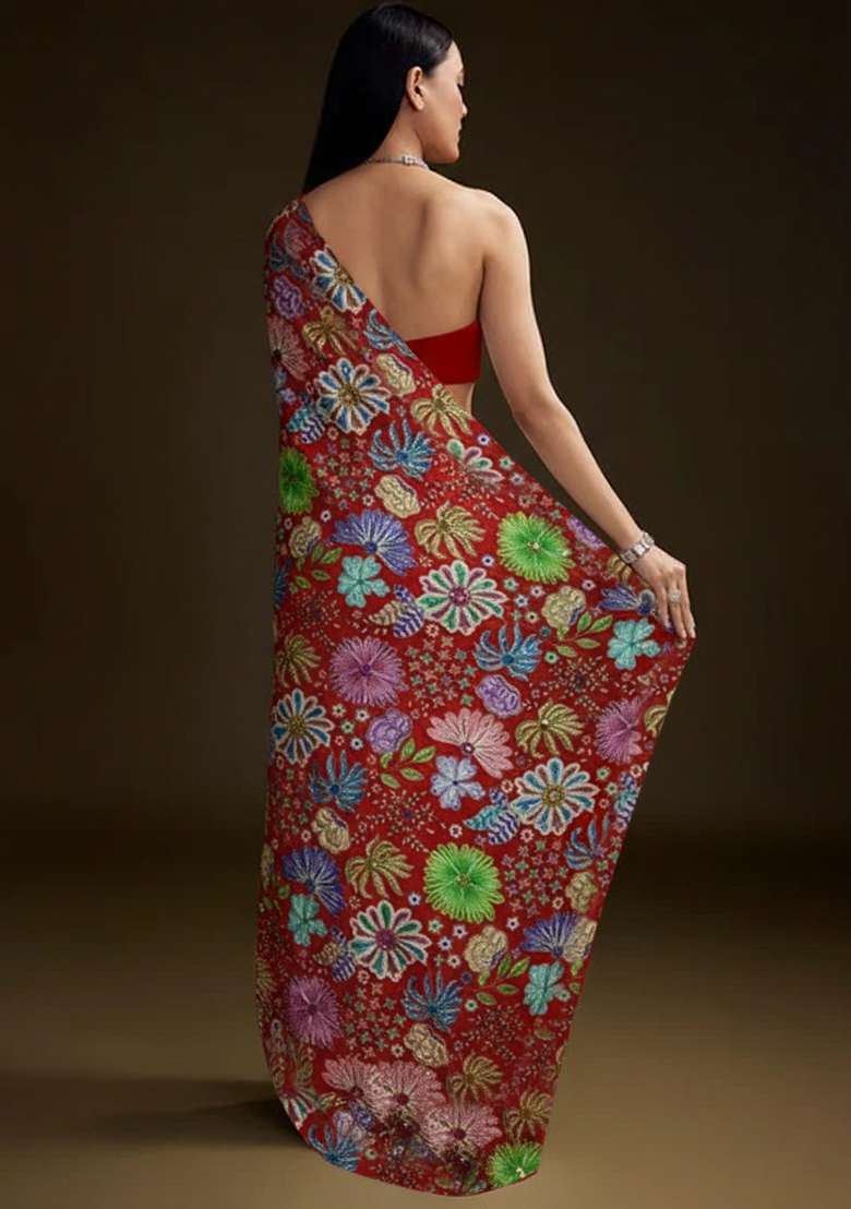 Red Floral Print Chinon Pre Draped Saree Set - Indya