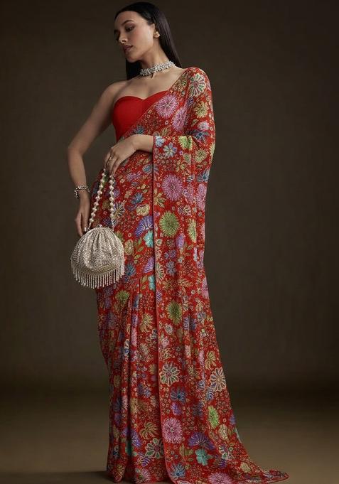 Red Floral Print Chinon Pre Draped Saree Set