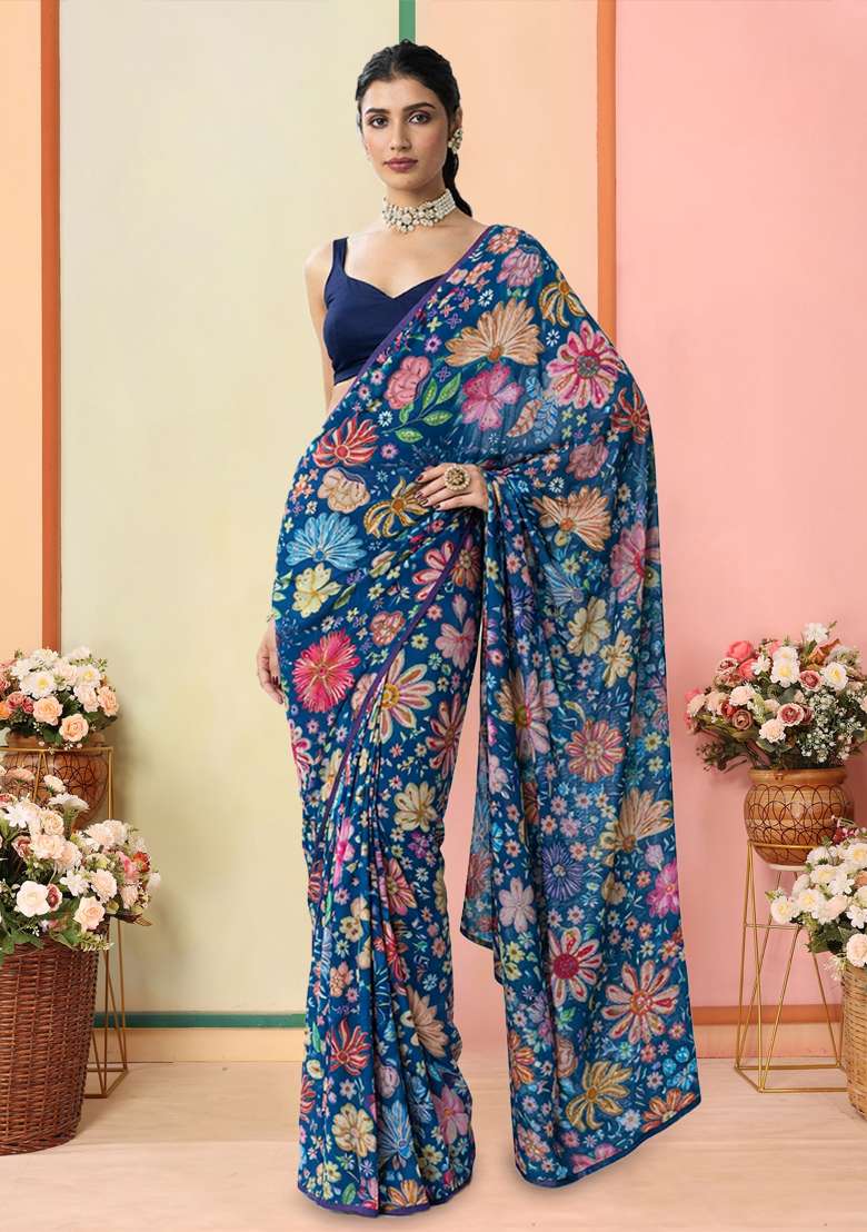 Blue Floral Print Chinon Pre Draped Saree Set - Indya