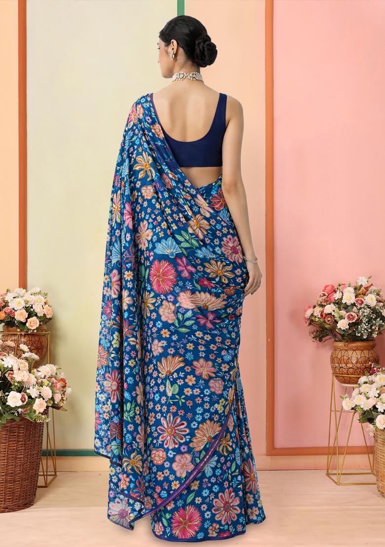 Blue Floral Print Chinon Pre Draped Saree Set - Indya
