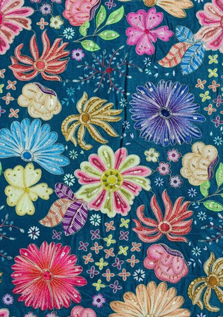 Blue Floral Print Chinon Pre Draped Saree Set - Indya