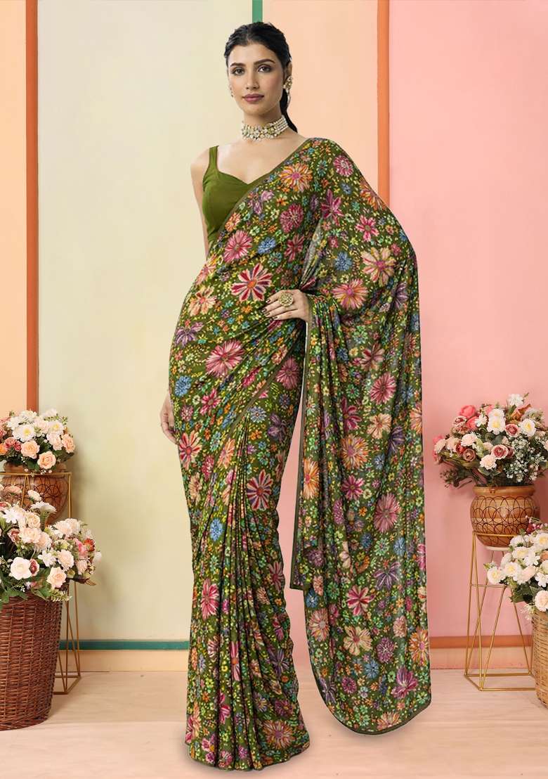 Olive Green Floral Print Chinon Pre Draped Saree Set - Indya