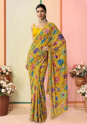 Yellow Floral Print Chinon Pre Draped Saree Set