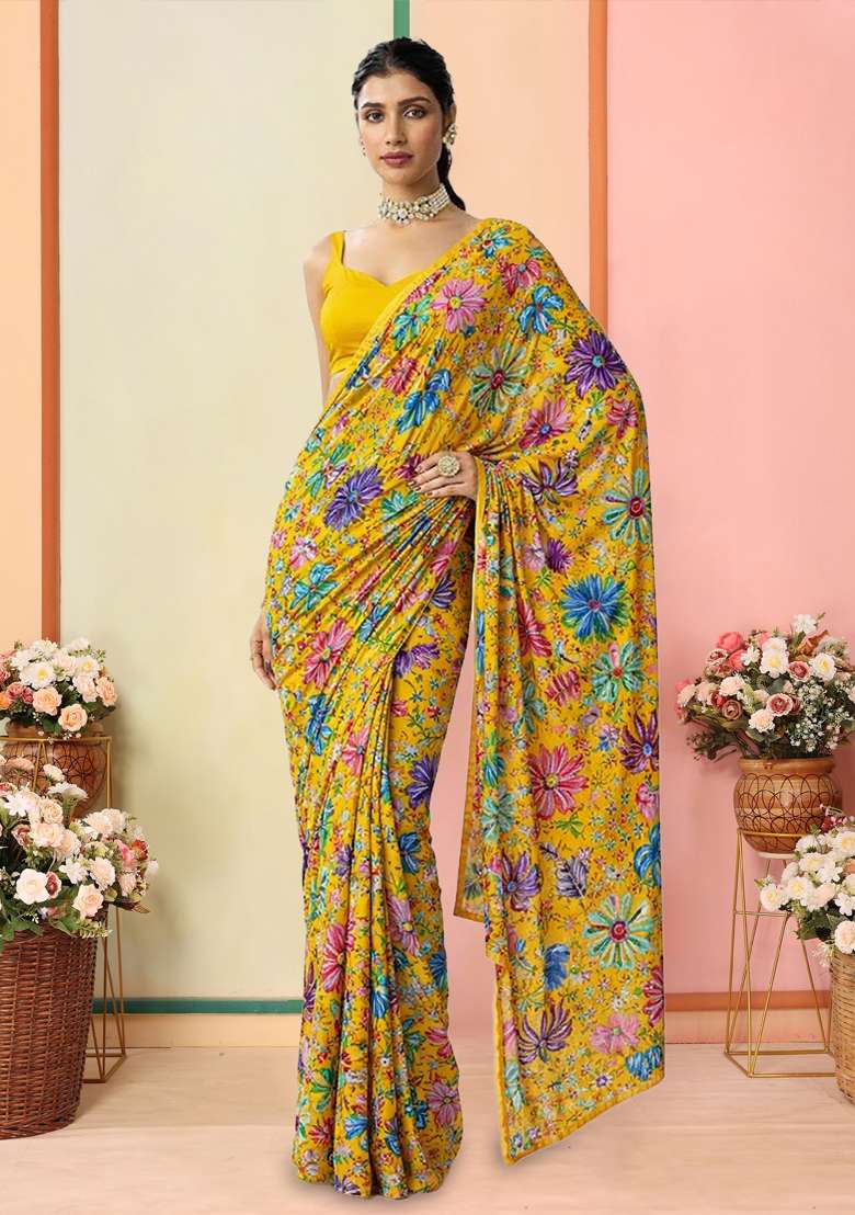 Yellow Floral Print Chinon Pre Draped Saree Set - Indya