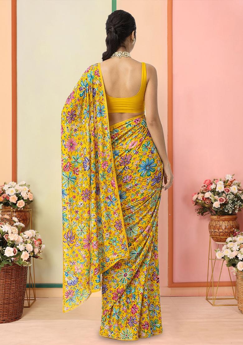 Yellow Floral Print Chinon Pre Draped Saree Set - Indya