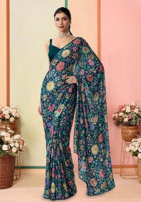 Teal Green Floral Print Chinon Pre Draped Saree Set