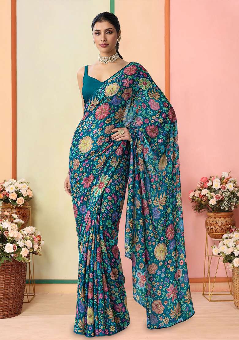 Teal Green Floral Print Chinon Pre Draped Saree Set - Indya