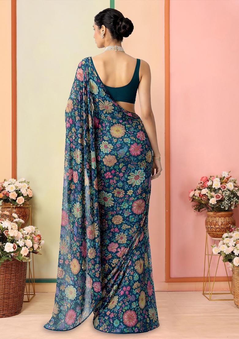 Teal Green Floral Print Chinon Pre Draped Saree Set - Indya