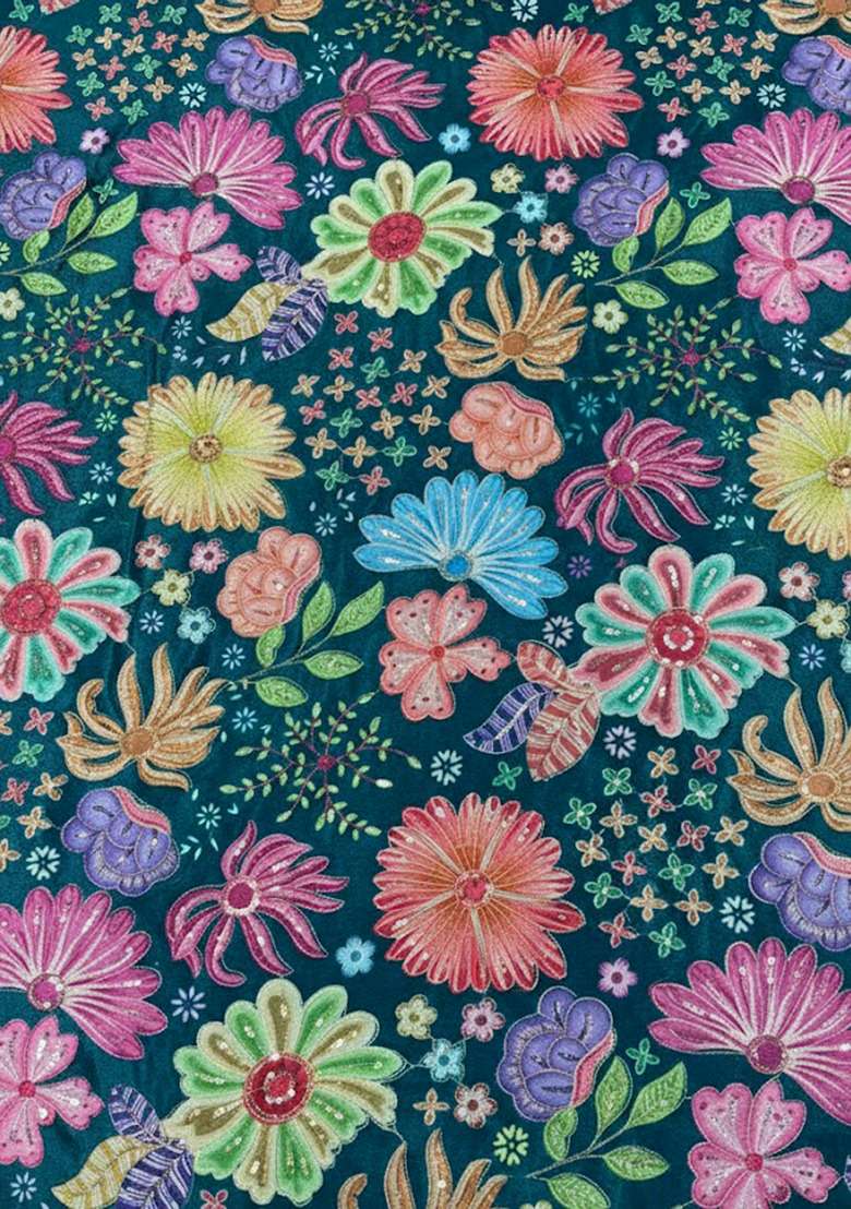 Teal Green Floral Print Chinon Pre Draped Saree Set - Indya