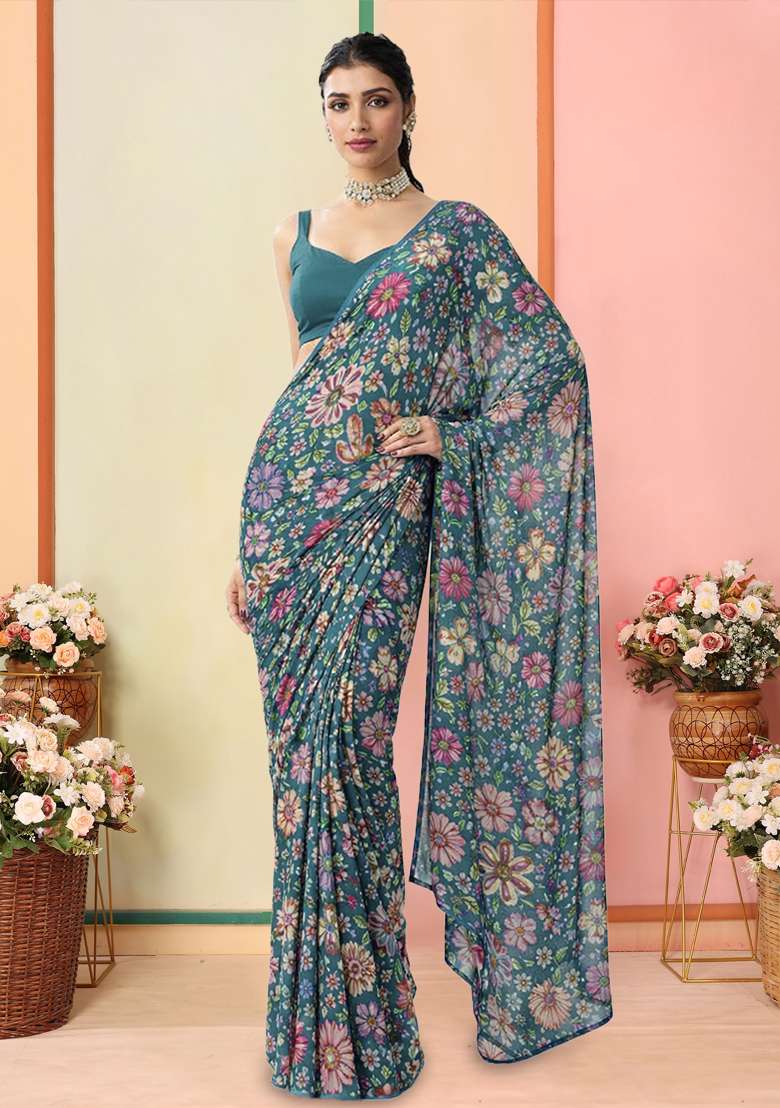 Blue Floral Print Chinon Pre Draped Saree Set - Indya