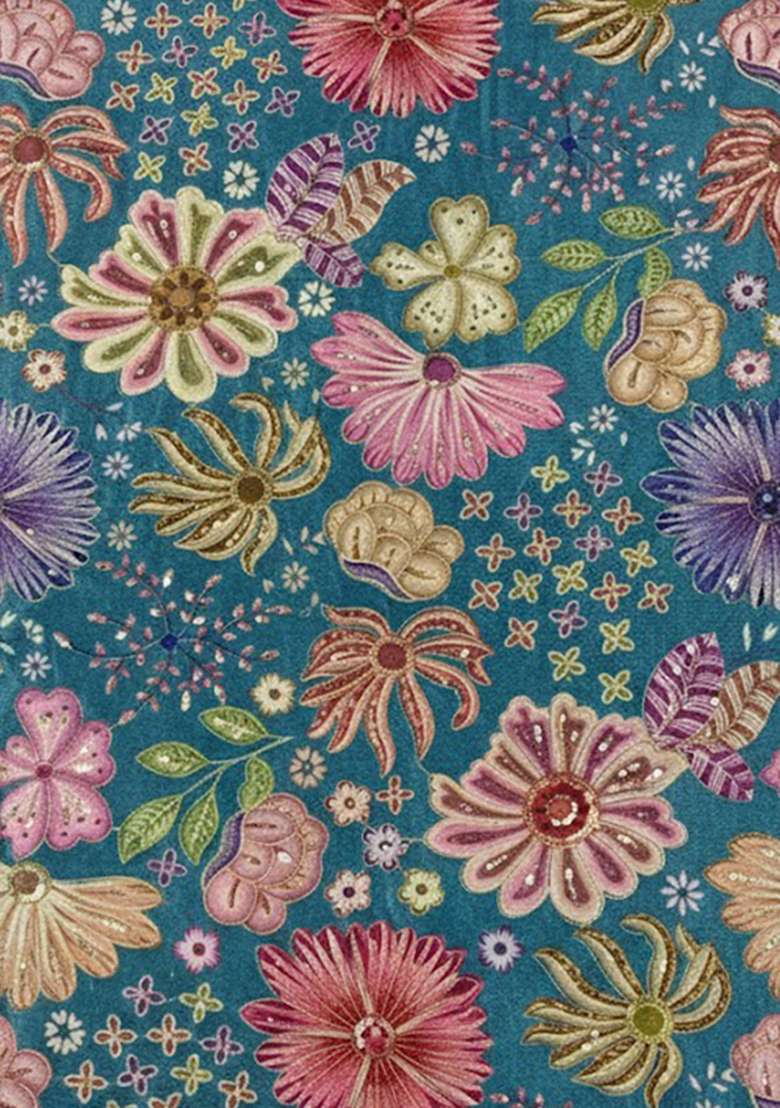 Blue Floral Print Chinon Pre Draped Saree Set - Indya