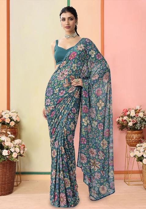 Blue Floral Print Chinon Pre Draped Saree Set