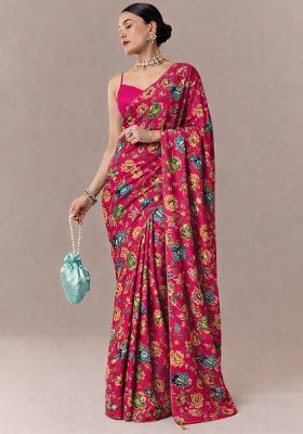 Rani Pink Floral Print Crepe Pre Draped Saree Set