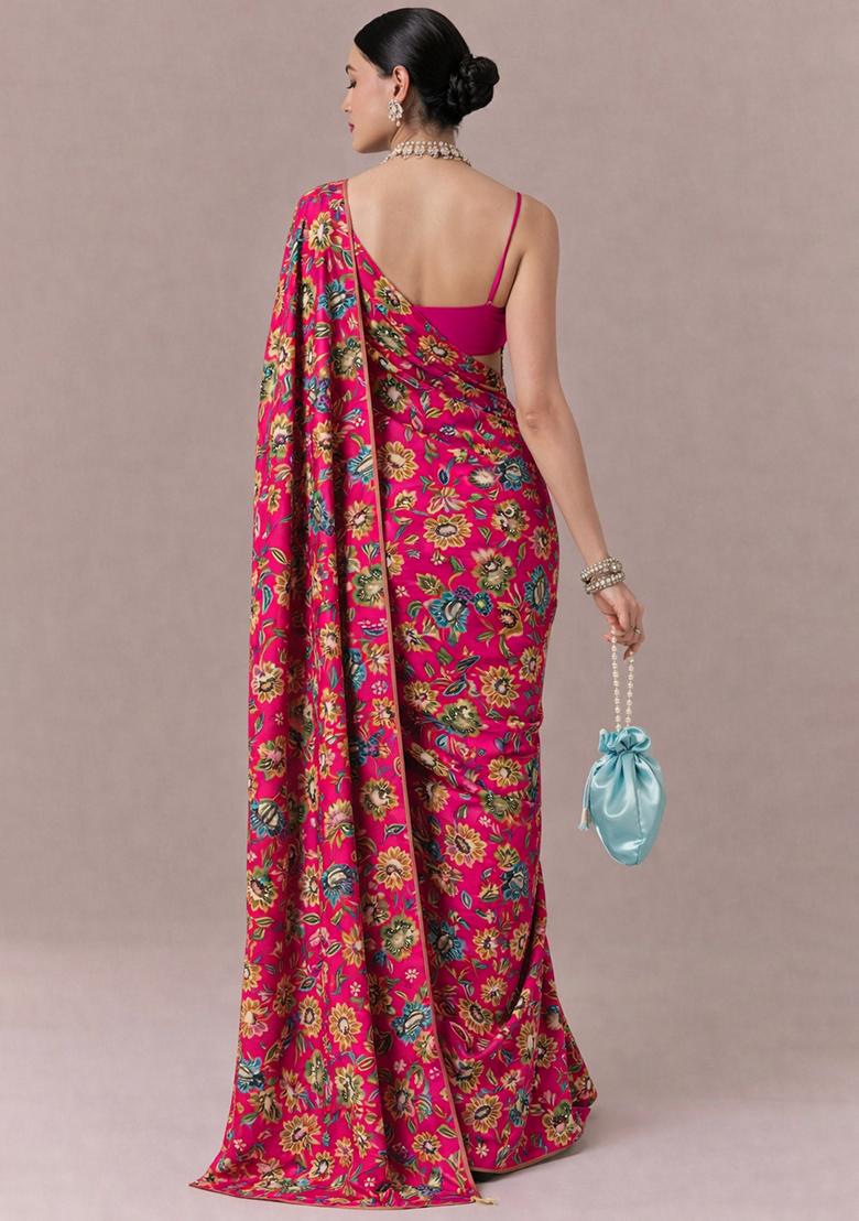 Rani Pink Floral Print Crepe Pre Draped Saree Set - Indya
