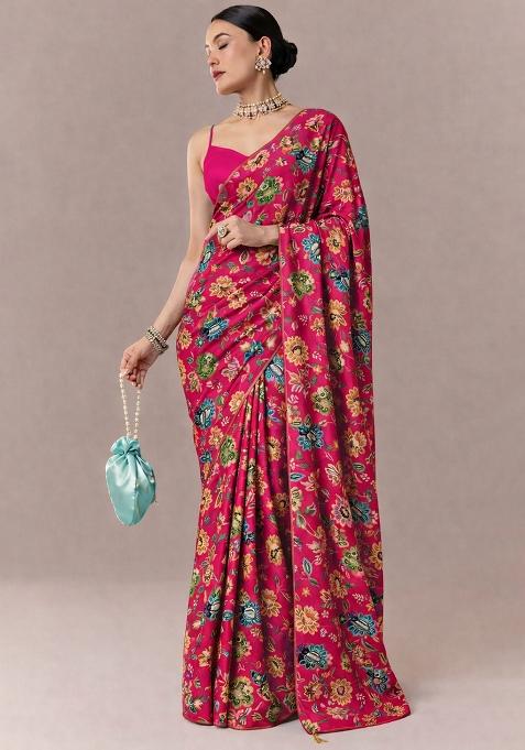 Rani Pink Floral Print Crepe Pre Draped Saree Set