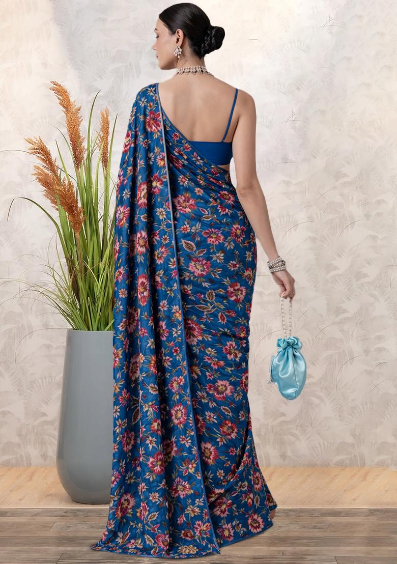 Blue Floral Print Crepe Pre Draped Saree Set - Indya