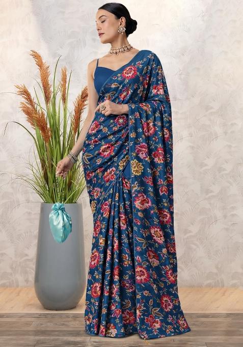 Blue Floral Print Crepe Pre Draped Saree Set