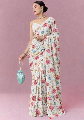 Ivory Floral Print Crepe Pre Draped Saree Set