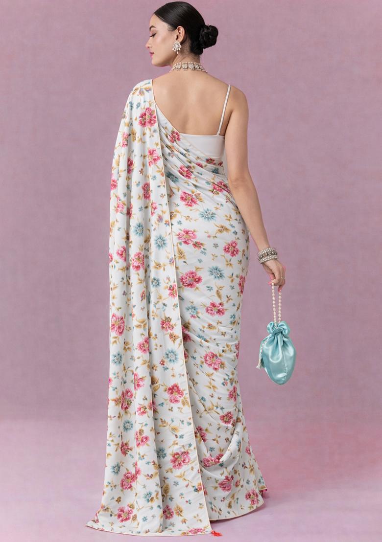 Ivory Floral Print Crepe Pre Draped Saree Set - Indya