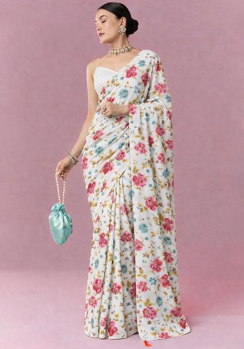 Ivory Floral Print Crepe Pre Draped Saree Set