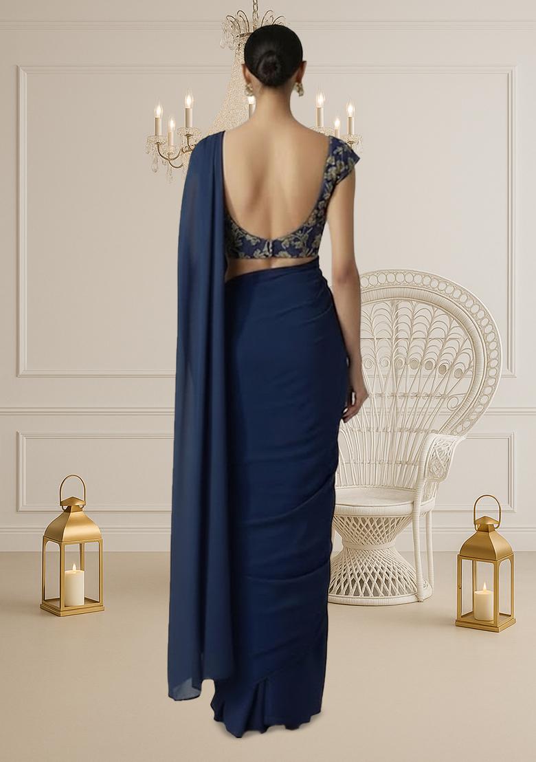 Navy Blue Embroidered Georgette Pre Draped Saree Set - Indya