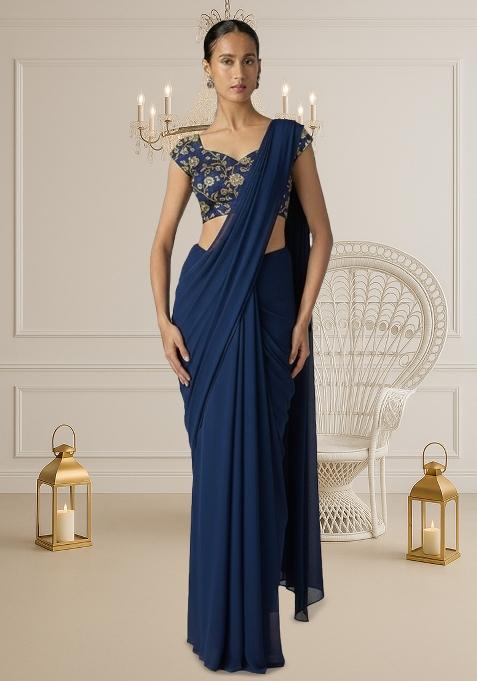 Navy Blue Embroidered Georgette Pre Draped Saree Set