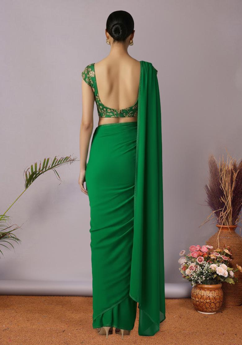 Emerald Green Embroidered Georgette Pre Draped Saree Set - Indya