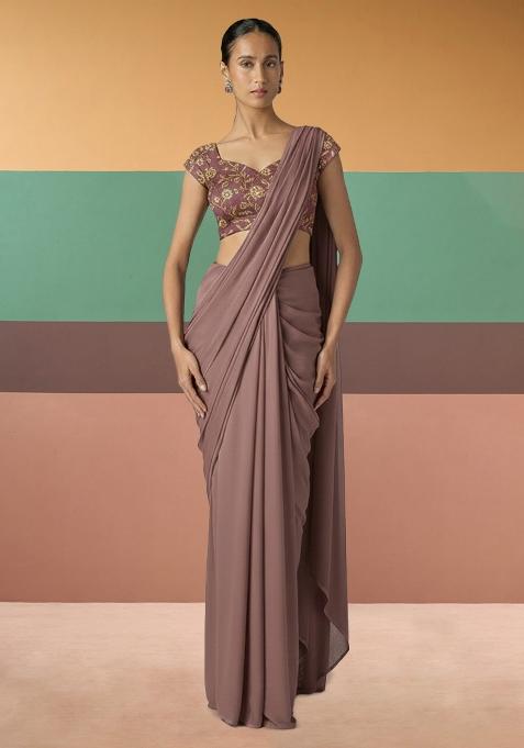 Dusty Mauve Embroidered Georgette Pre Draped Saree Set