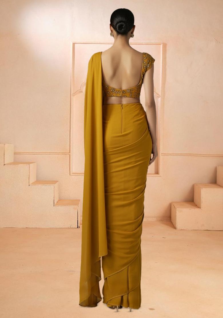 Mustard Embroidered Georgette Pre Draped Saree Set - Indya