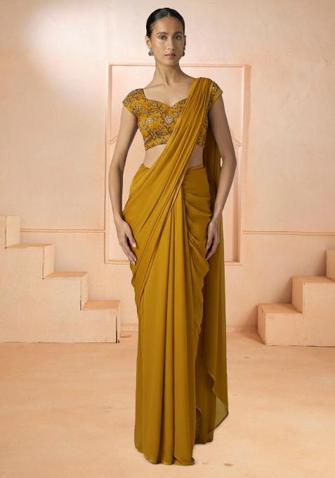 Mustard Embroidered Georgette Pre Draped Saree Set