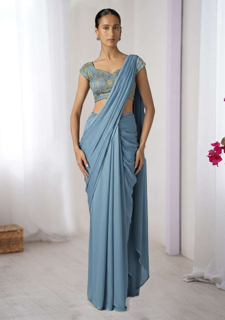 Powder Blue Georgette Pre Draped Saree Set with Embroidered for Diwali | Wedding & Festive Wear - Indya