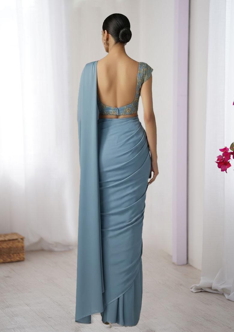 Powder Blue Embroidered Georgette Pre Draped Saree Set - Indya