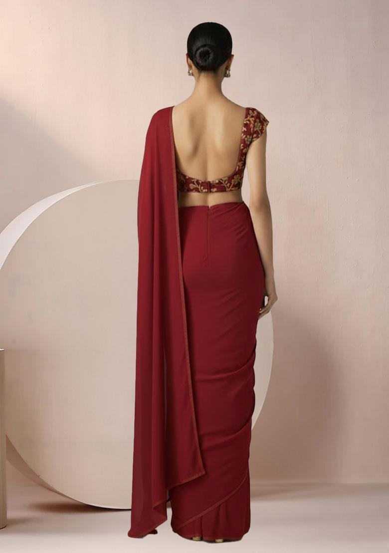 Deep Red Embroidered Georgette Pre Draped Saree Set - Indya