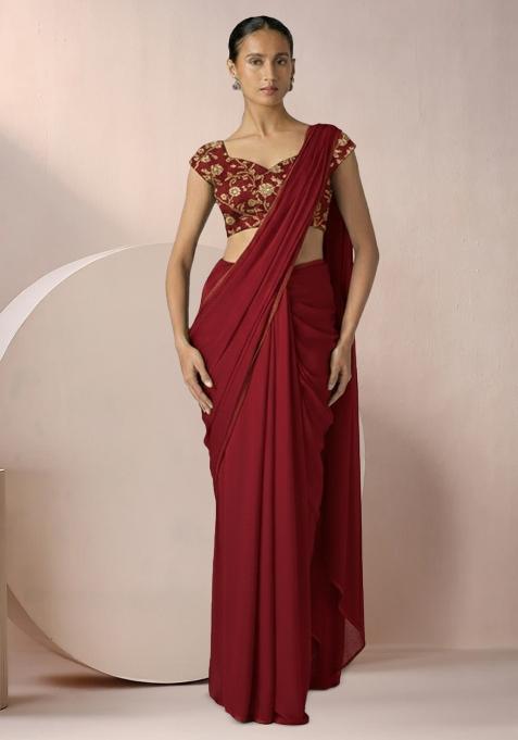 Deep Red Embroidered Georgette Pre Draped Saree Set