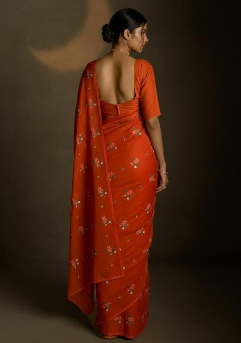 Rust Embroidered Crepe Saree Set - Indya